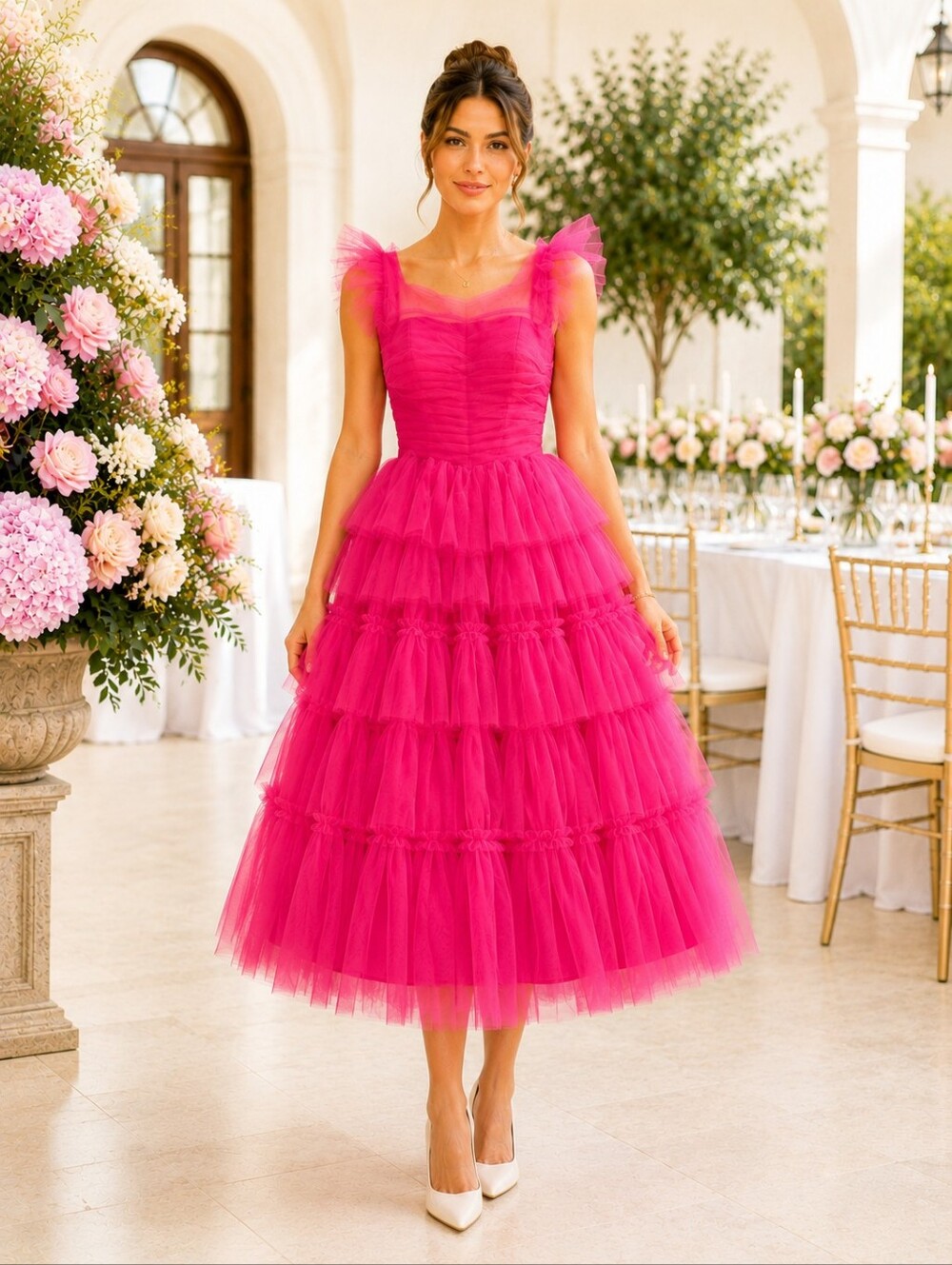 Hot Pink Tiered Tulle Midi Dress Tea Length Special Occasion Party Dress Size M